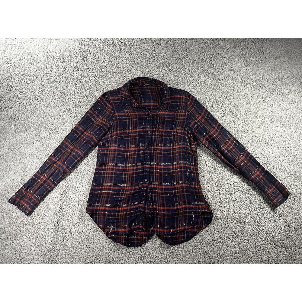 Lucky Brand Button Up Shirt Women XS Plaid Tartan Long Front‎ Tulip Back